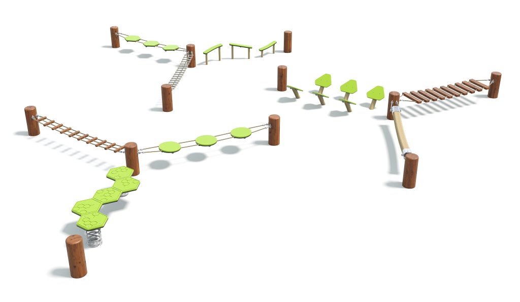 Colorful outdoor playground equipment with various climbing and balancing structures for children.