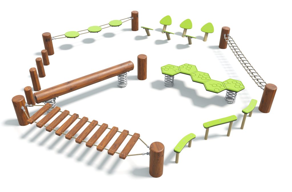 Colorful outdoor playground equipment with various climbing and balancing structures for children to enjoy active play.