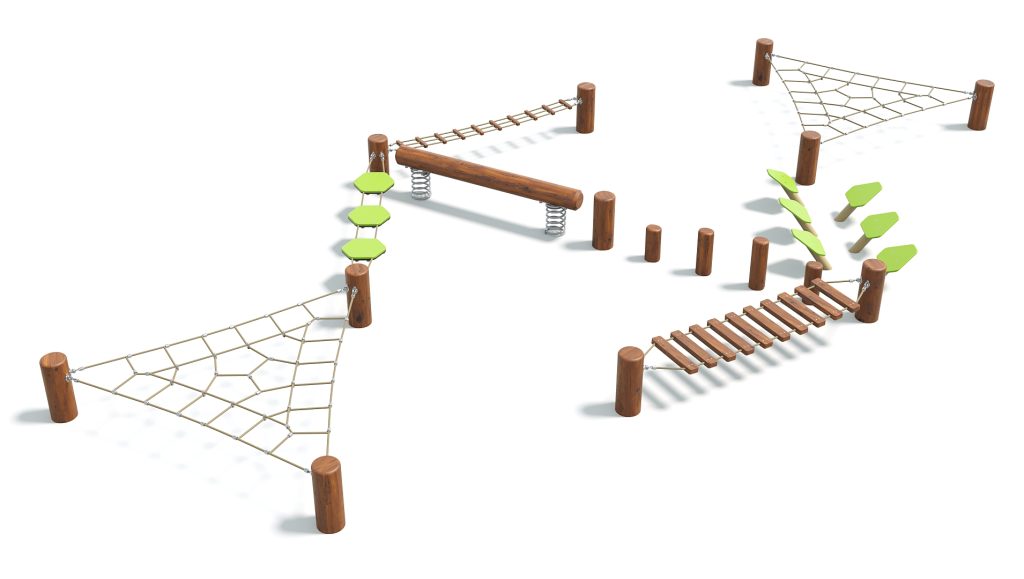 Colorful outdoor playground equipment with climbing nets, bridges, and stepping stones for children.