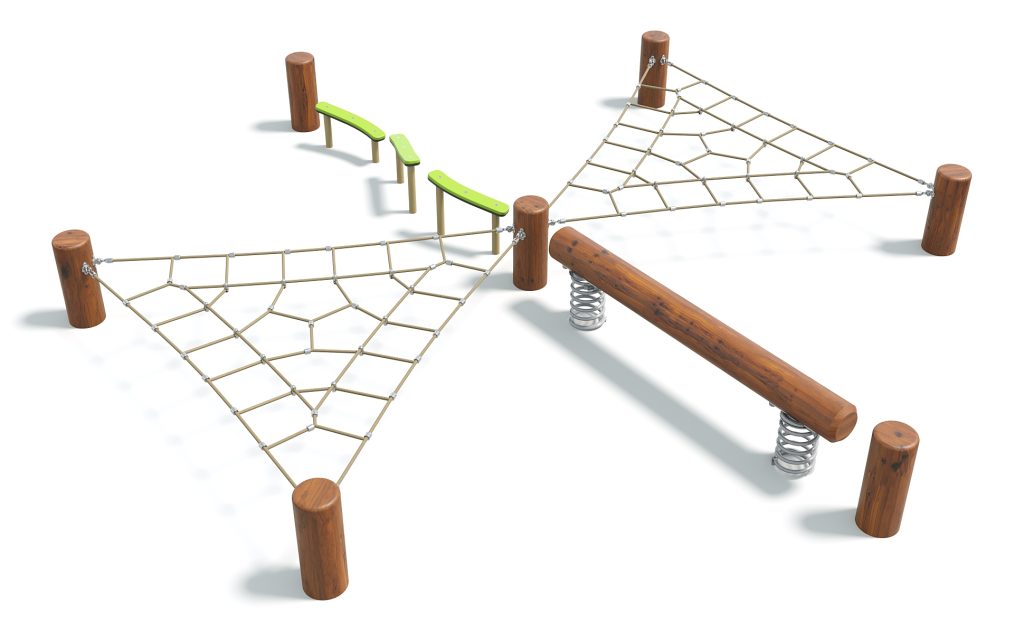 Children's outdoor playground with climbing nets, balance beams, and spring rocker for active play and physical development.