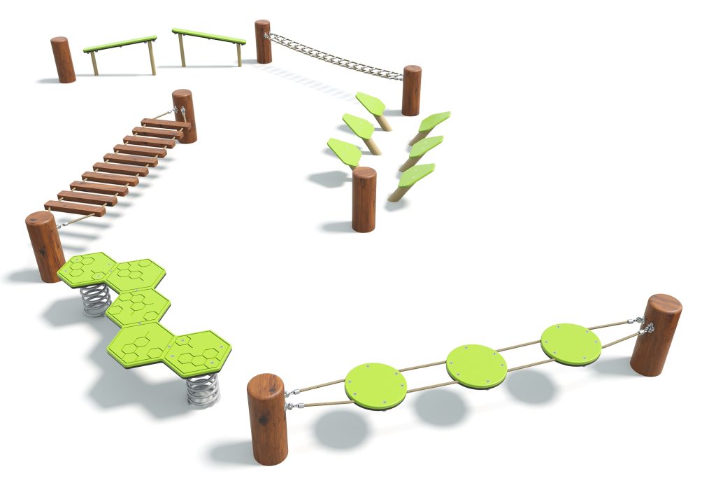Colorful outdoor playground equipment including climbing structures, balance beams, and stepping stones for children to play and develop motor skills.
