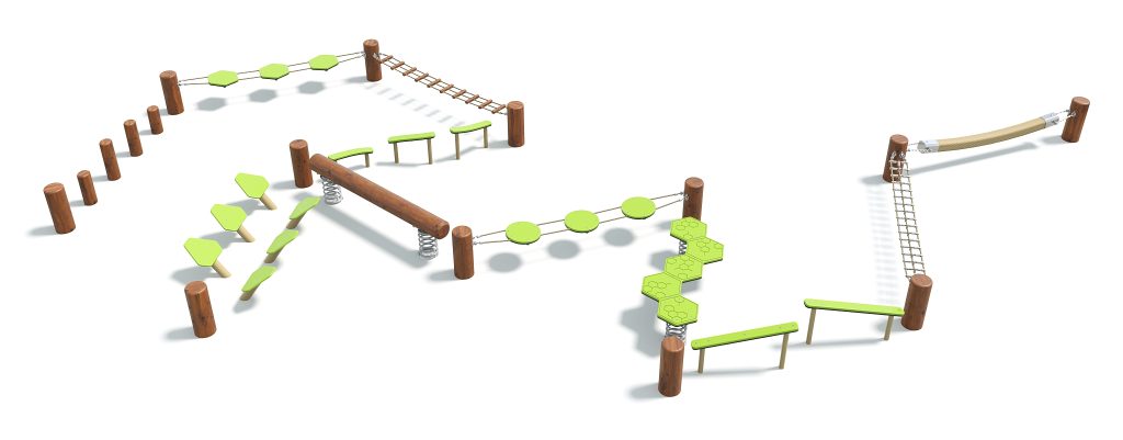 Colorful outdoor adventure rope course with various climbing and balancing elements for children and families.