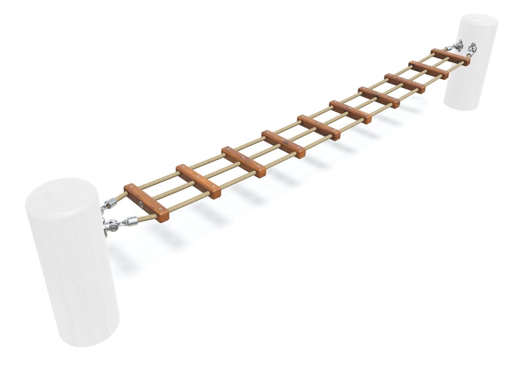 Outdoor wooden and metal balance beam for natural rail walk activity at DG Play.