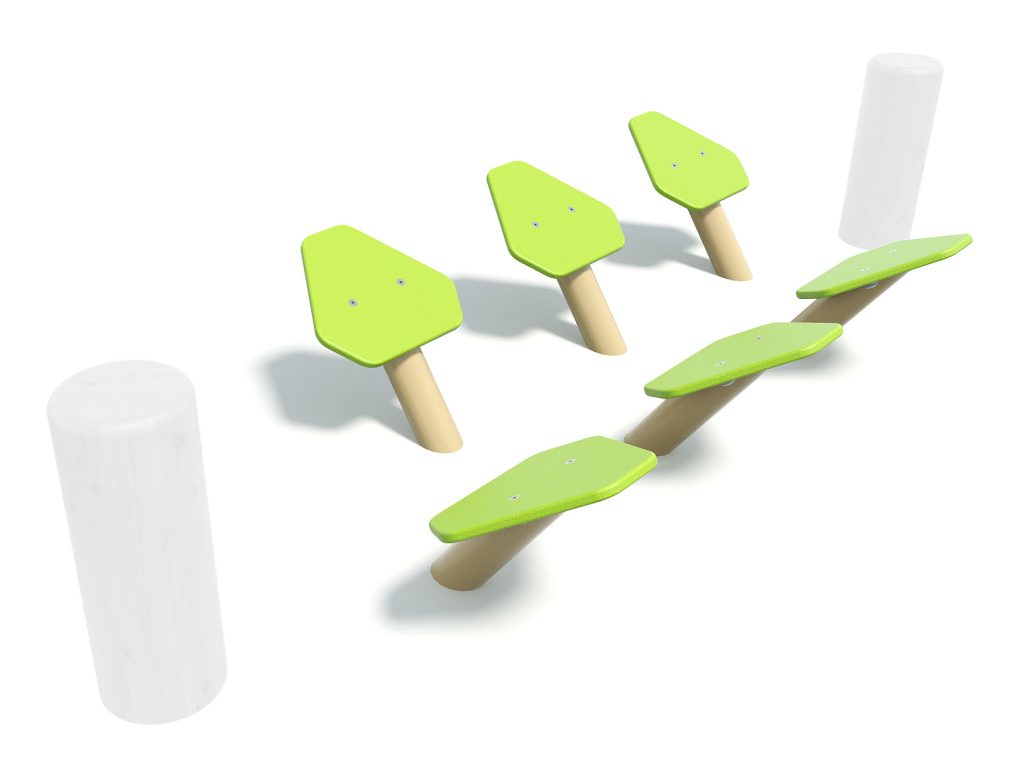 Bright green hexagonal stepping stones with wooden supports for outdoor play and exercise, part of a children's playground setup.