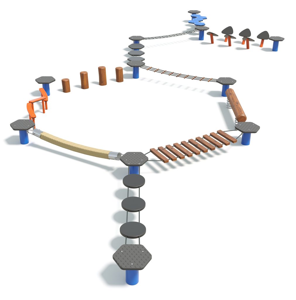 Colorful playground equipment with bridges, slides, and climbing structures for children to enjoy outdoor play.