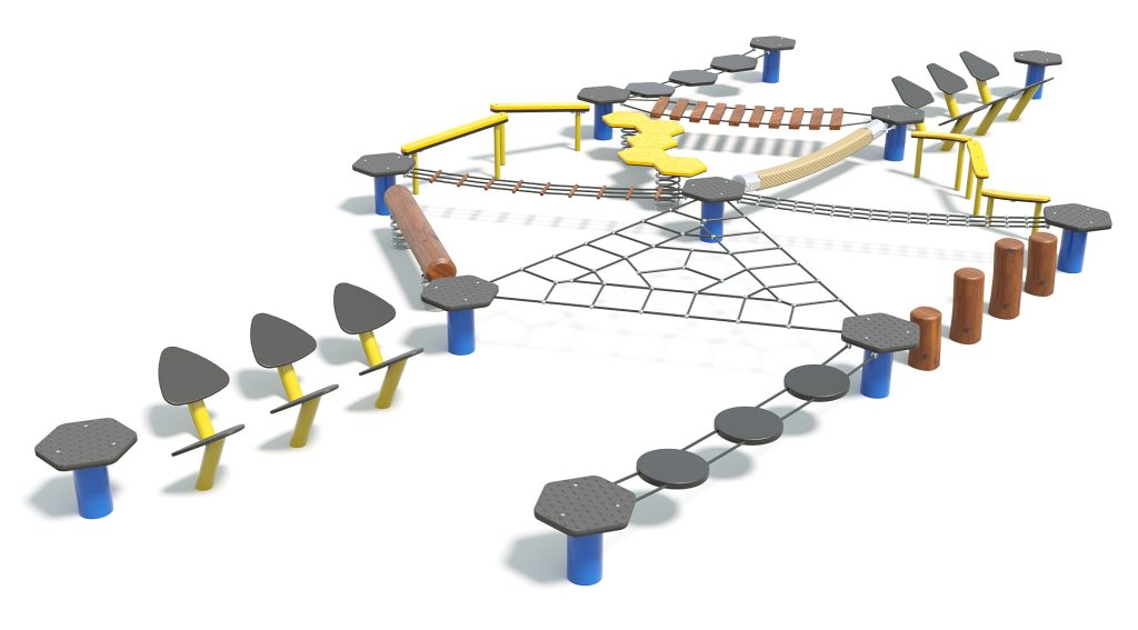 Colorful Mega Hex playground climbing structure with various platforms, bridges, and slides for children to enjoy.