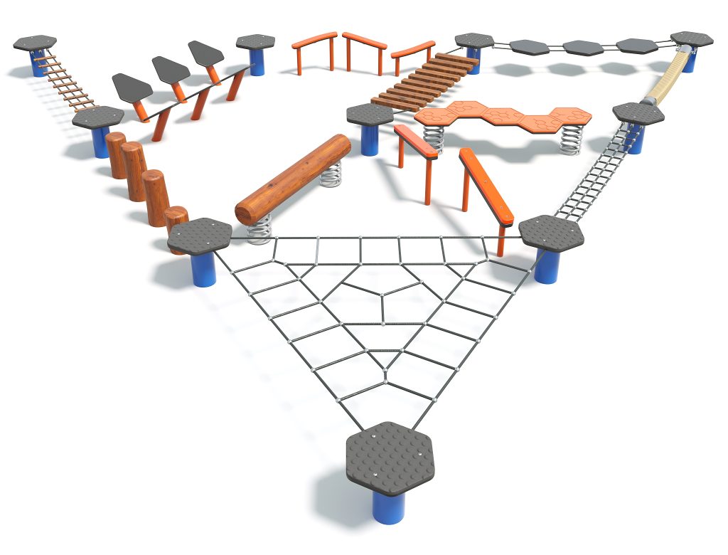 Colorful playground climbing structures and obstacles for children, designed for outdoor play and physical activity.