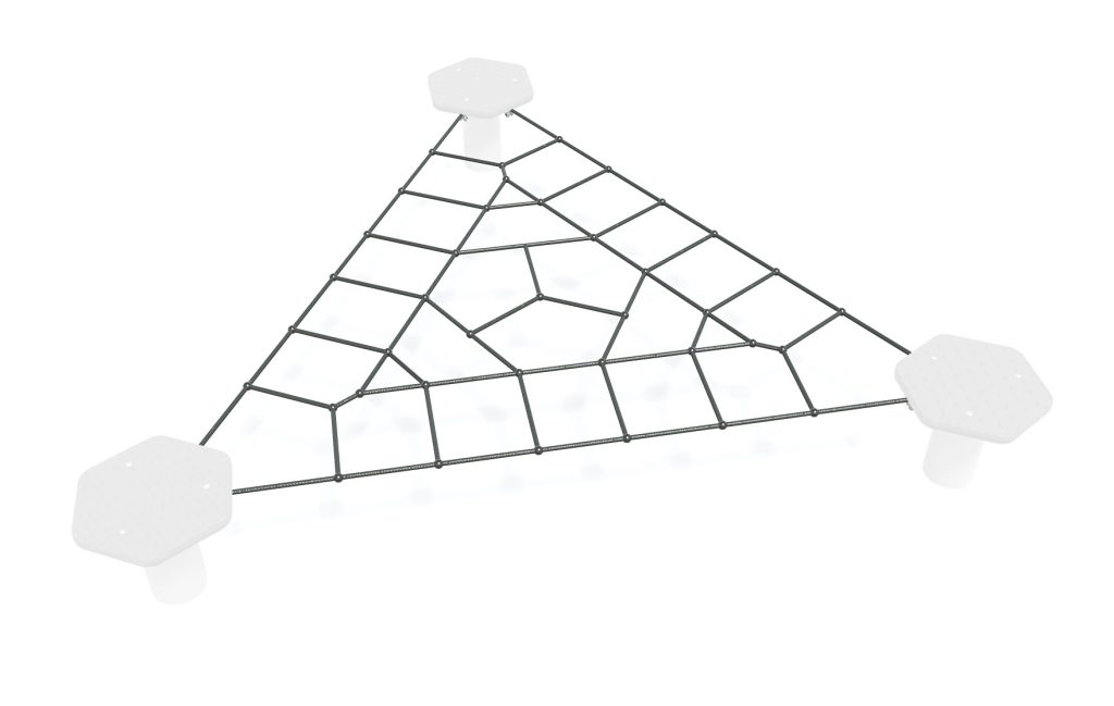 Tri Net playground climbing structure with three white platforms and a web of ropes for children to climb and play.