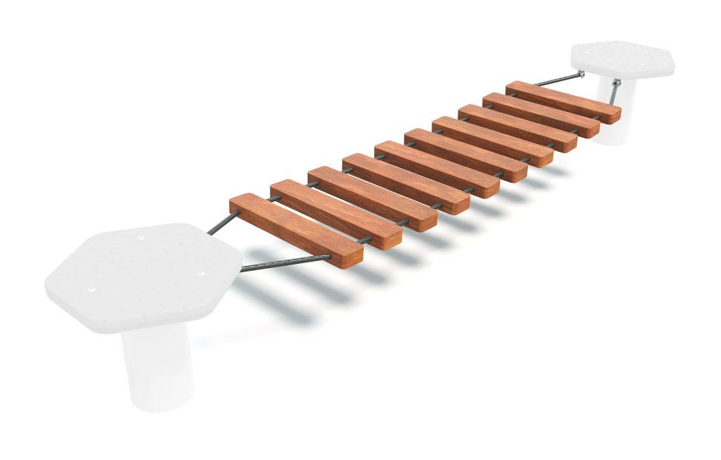 Contemporary timber bridge with wooden planks and white supports, suitable for parks or urban spaces.