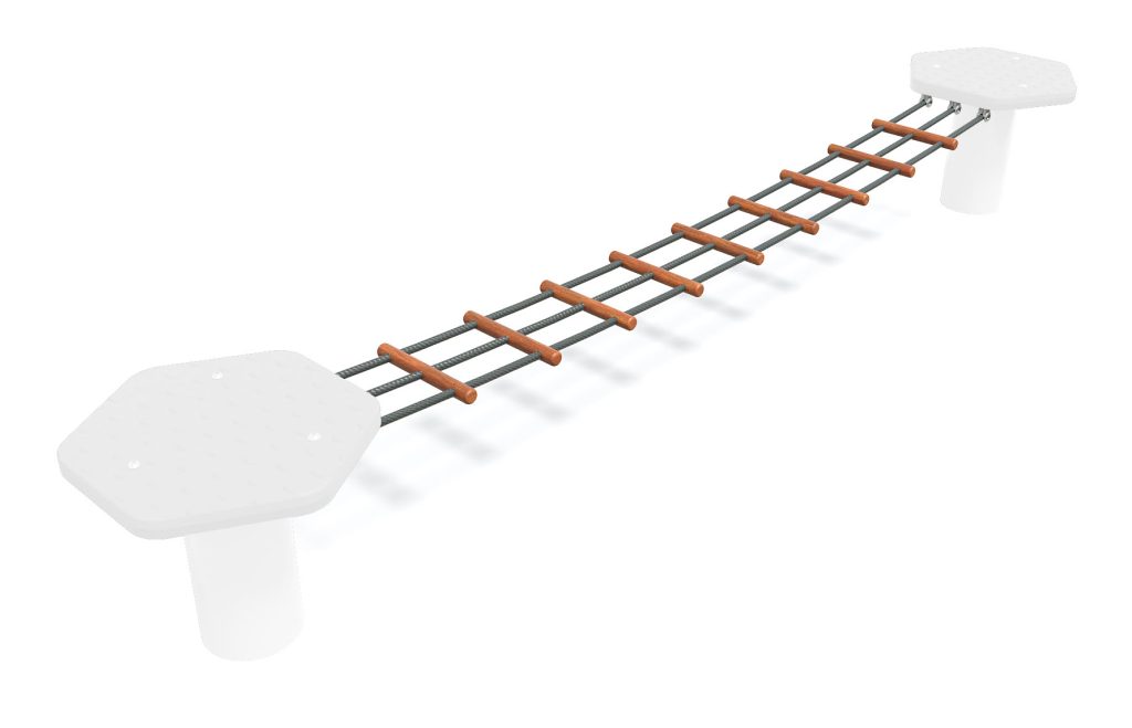 Colorful playground bridge with wooden planks and white supports for kids' outdoor play area.