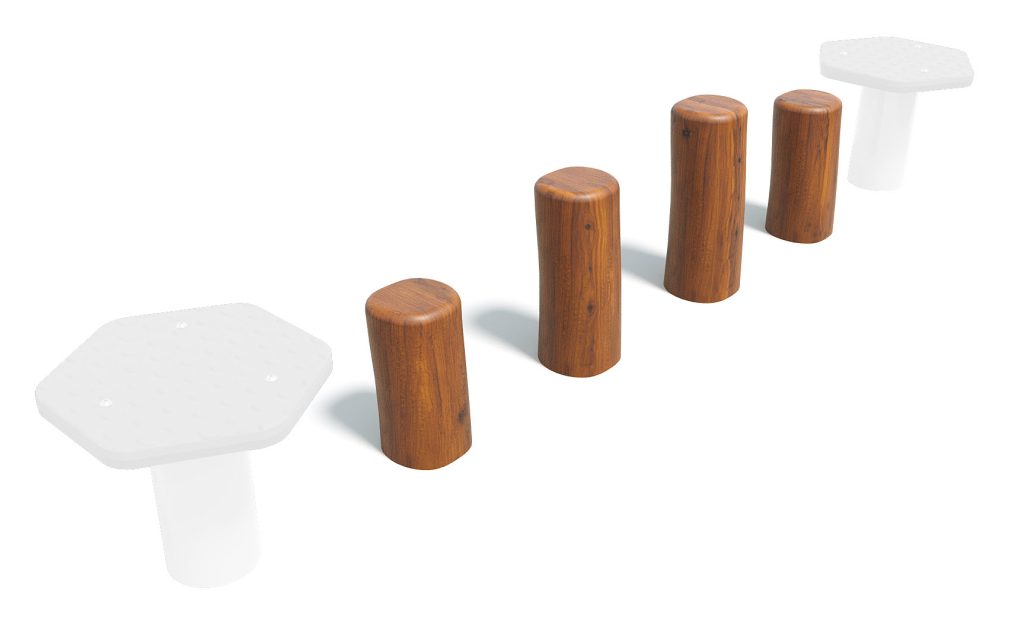 Contemporary outdoor seating with white hexagonal tables and wooden stools, ideal for garden or patio settings.