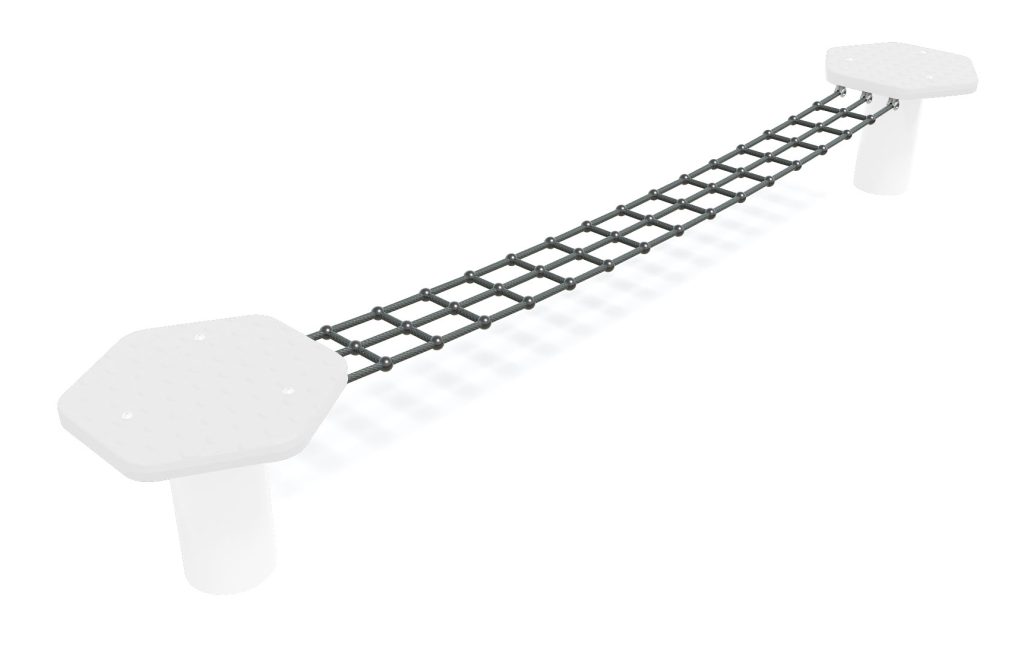 Children's rope bridge playground equipment with white platforms and black rope bridge for outdoor play and adventure.