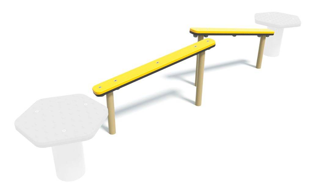 Colorful inclined walk playground equipment with yellow and white components for children to play and balance.