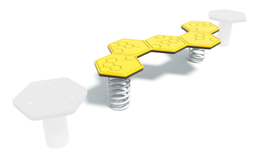 Colorful hexagon-shaped playground balance beam with spring supports for children.