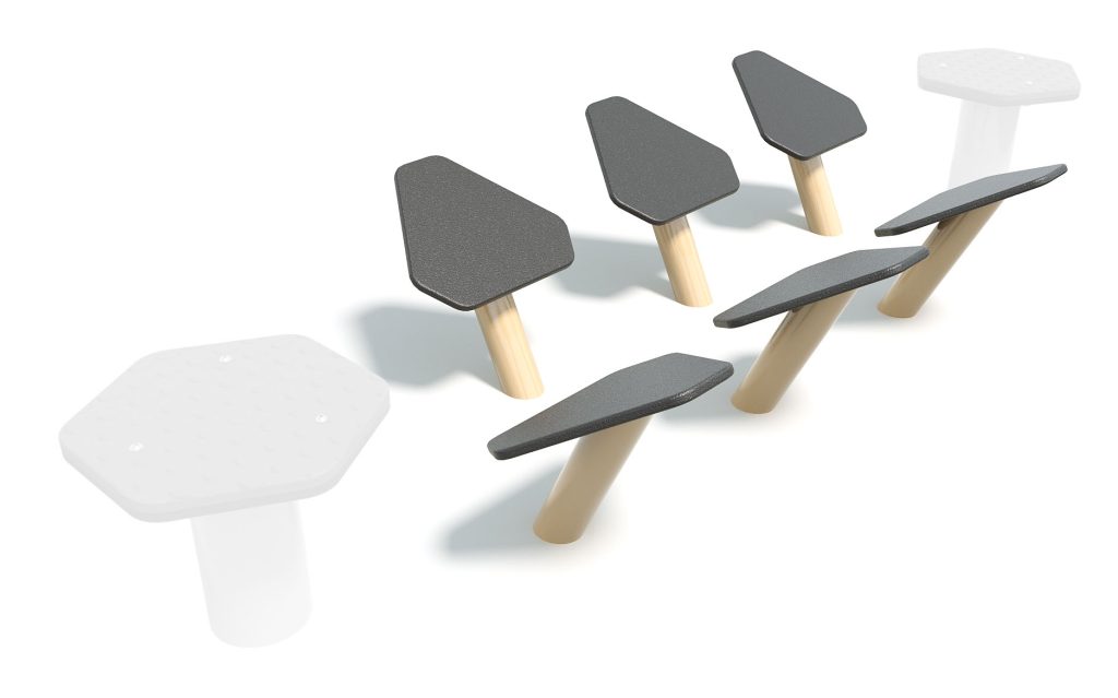 Modern outdoor seating with three-tiered steps and hexagonal tables, ideal for social gatherings and outdoor events.