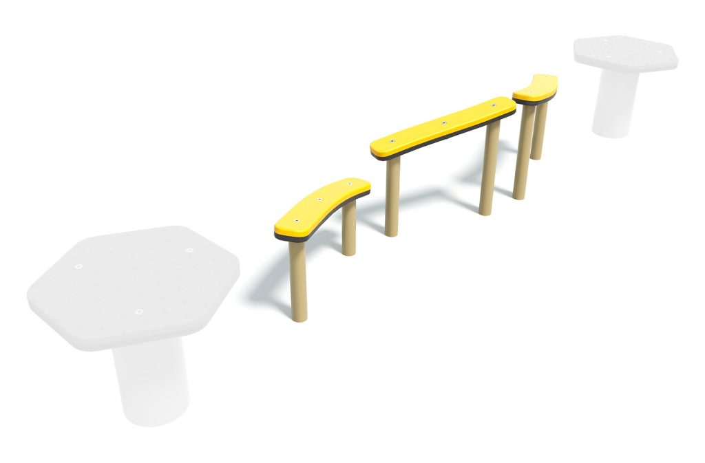Colorful playground equipment with a yellow and black balance beam and two white hexagonal platforms for children to play and balance.