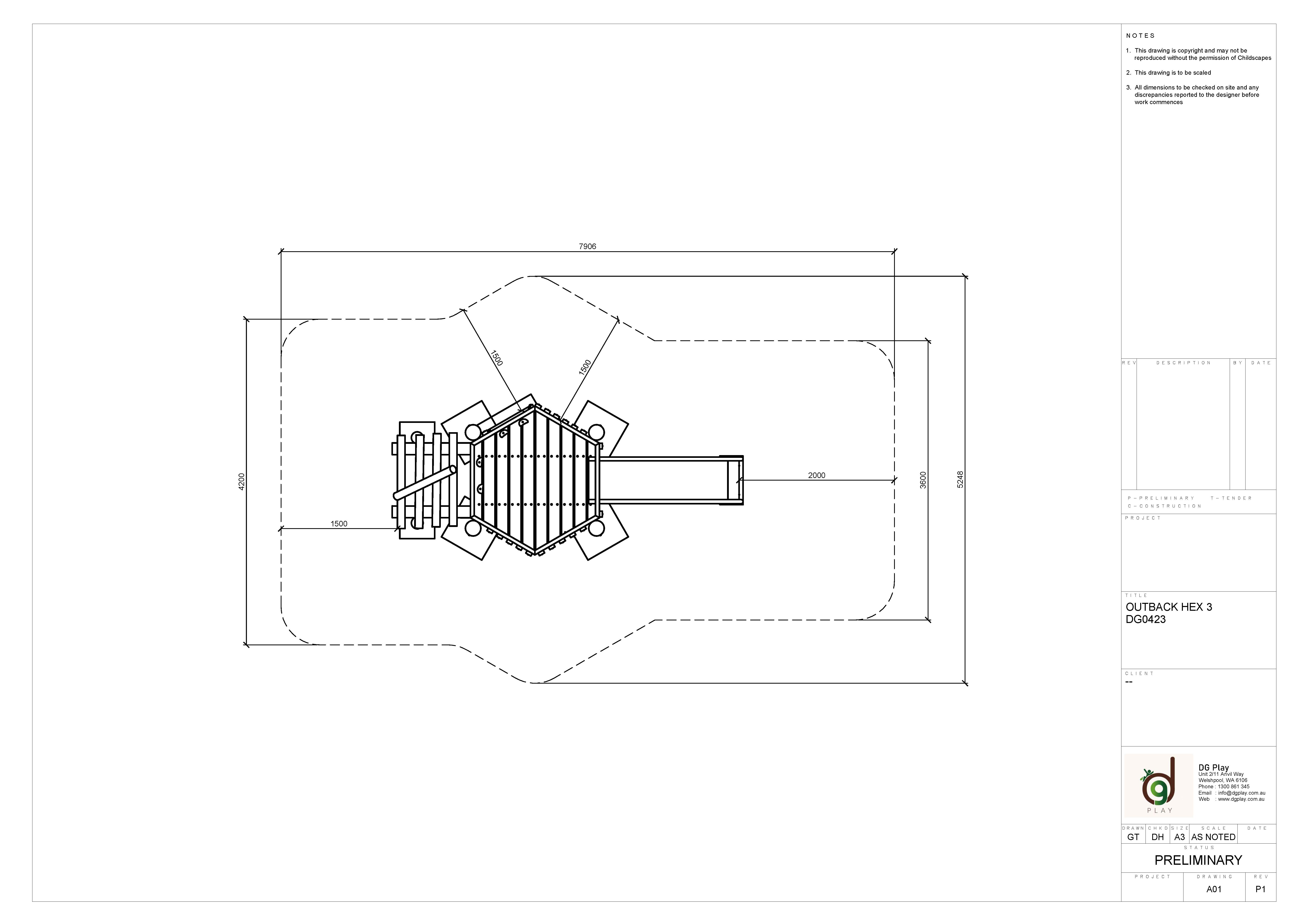 Detailed technical drawing of the Outback Hex 3 playground equipment, showing dimensions and structural layout for installation.