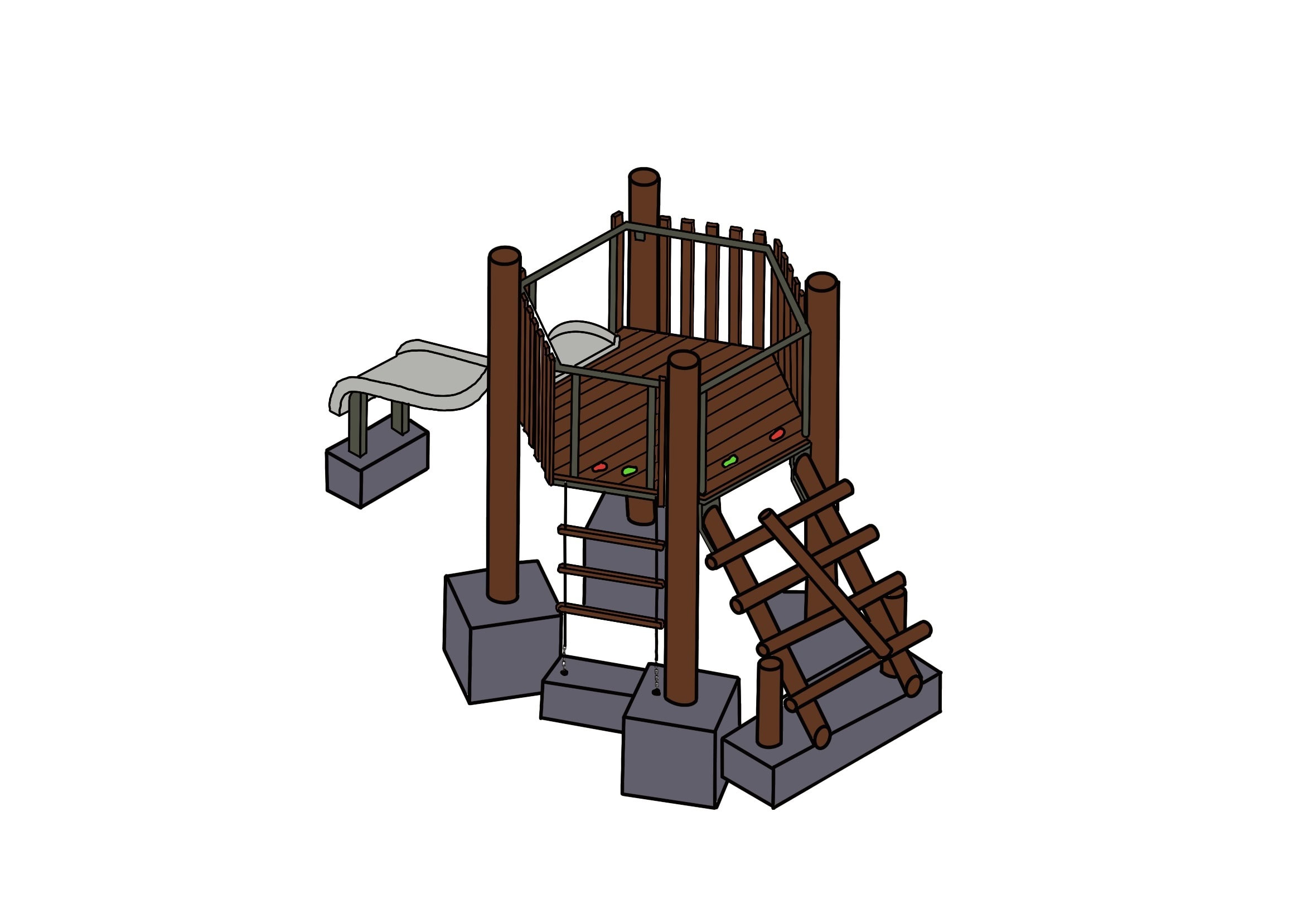 Colorful outdoor playground structure with stairs, slide, and climbing elements for children, designed for outdoor play areas.