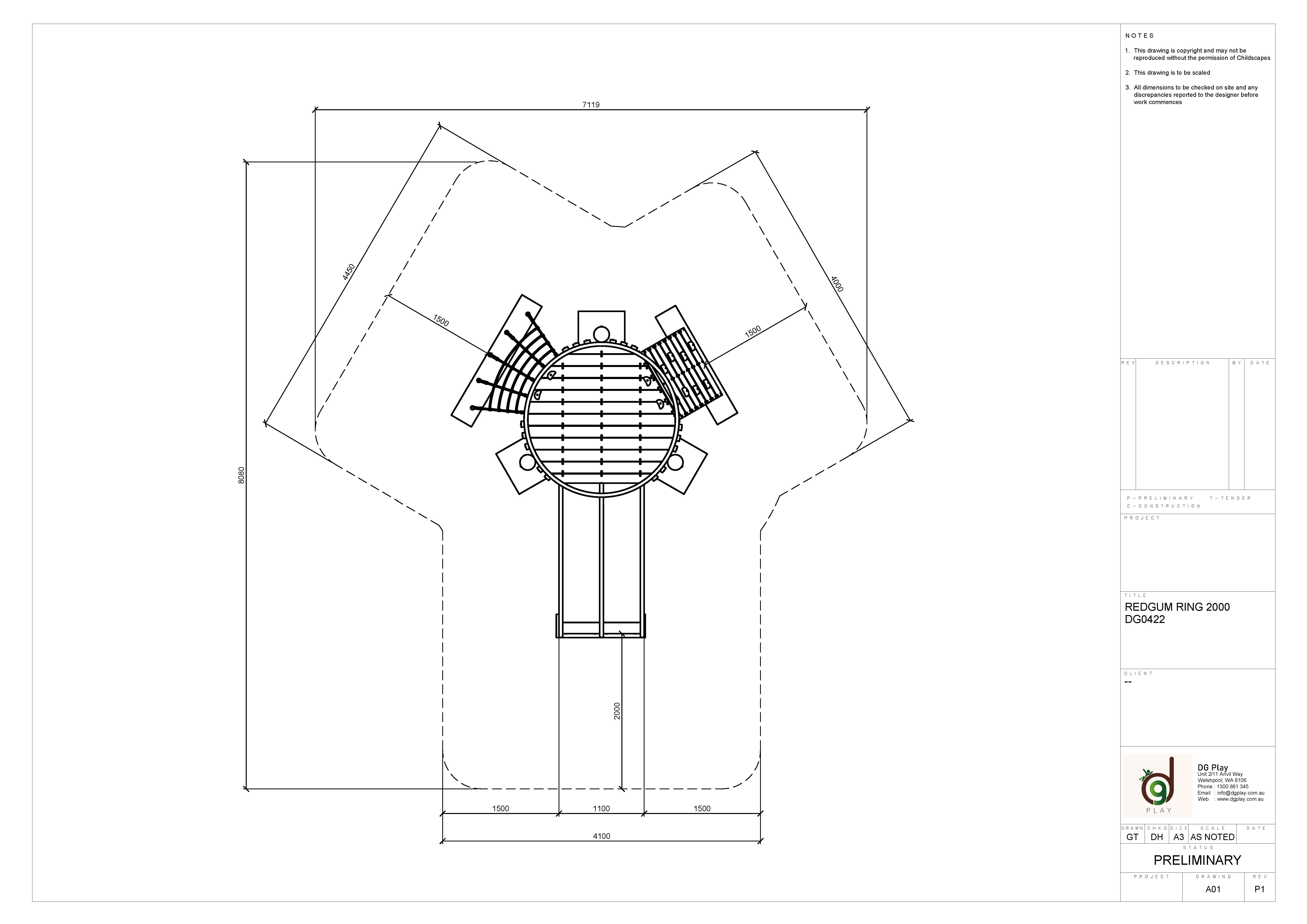 Detailed blueprint of the Redgum Ring 2000 playground equipment showing structure and layout for outdoor play area.