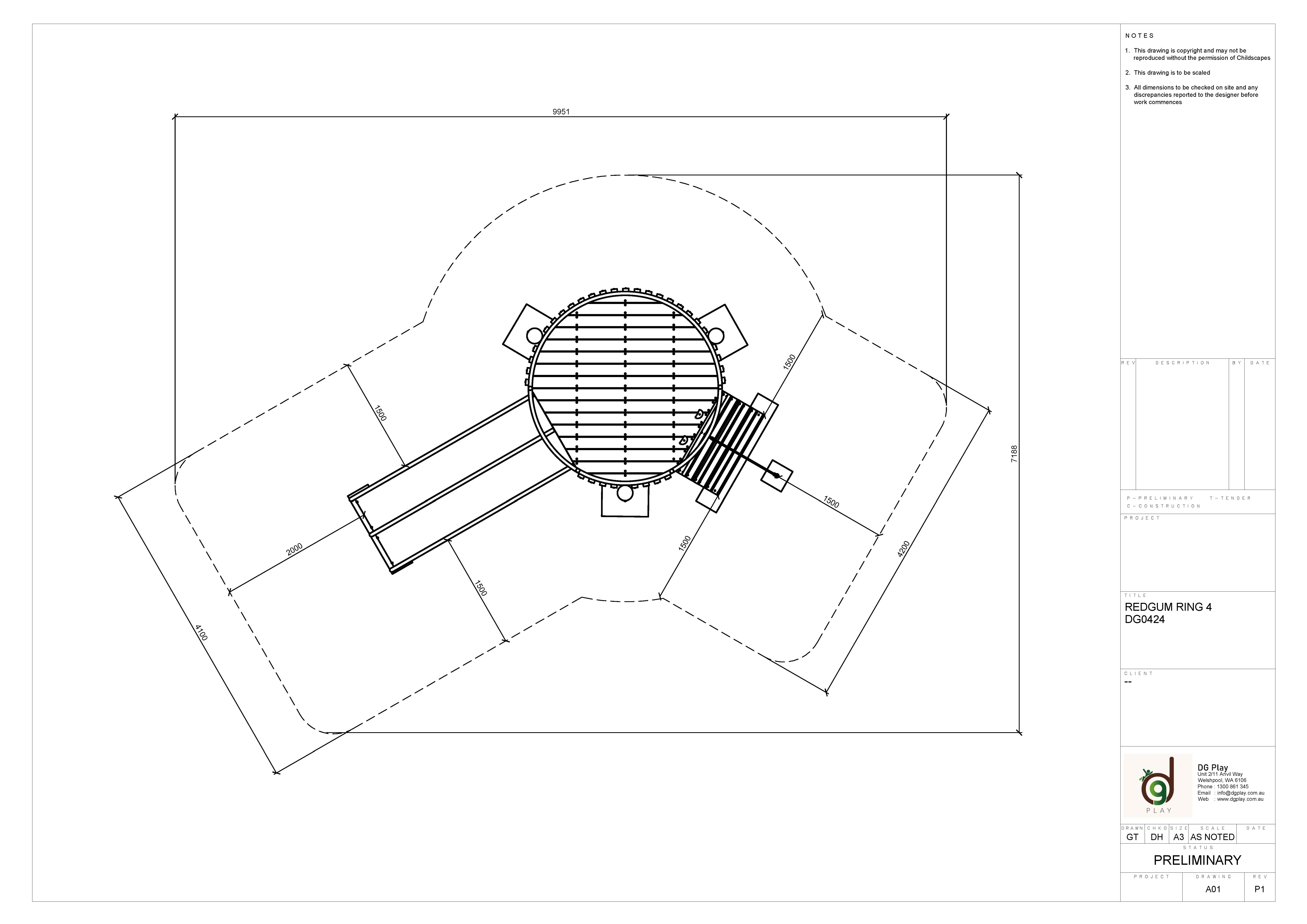 Technical blueprint of the Redgum Ring 4 playground equipment showing detailed layout and measurements for construction.