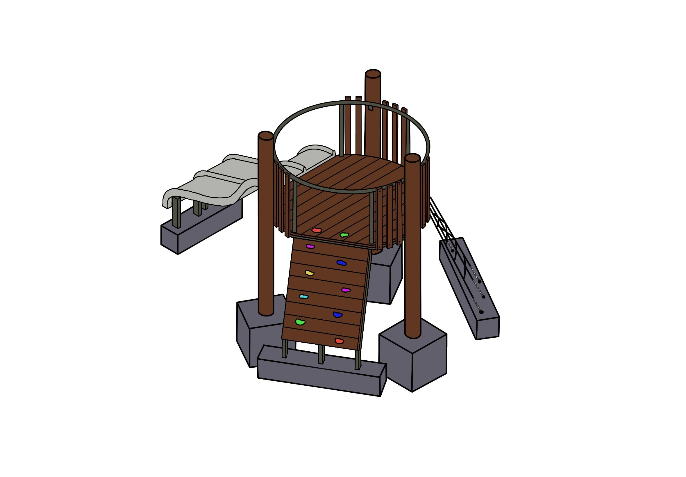 Colorful wooden playground structure with slide, climbing wall, and swing for children at DG Play.