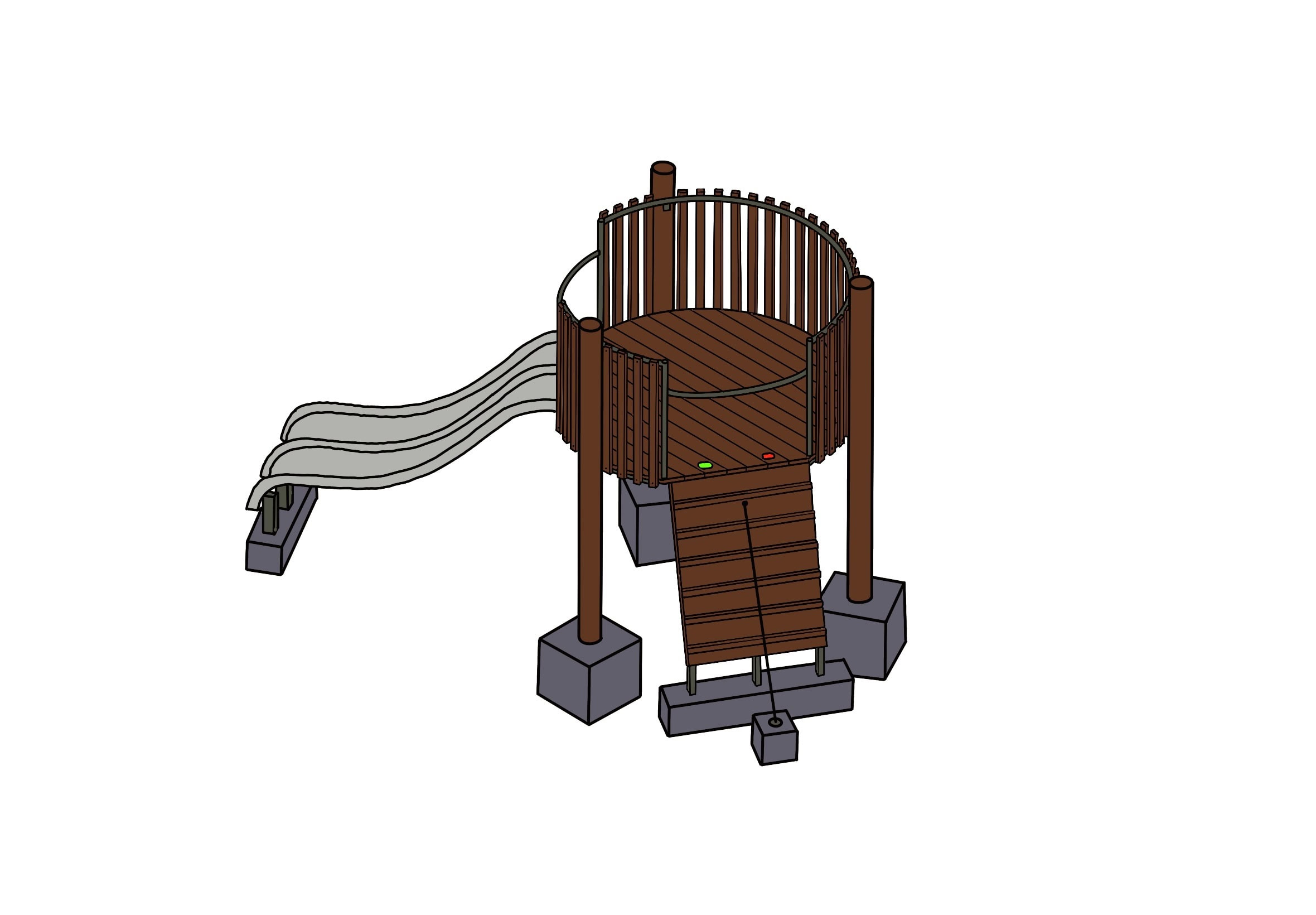 Children's outdoor play structure with a slide and climbing platform, made of wood and metal, designed for safe outdoor play.