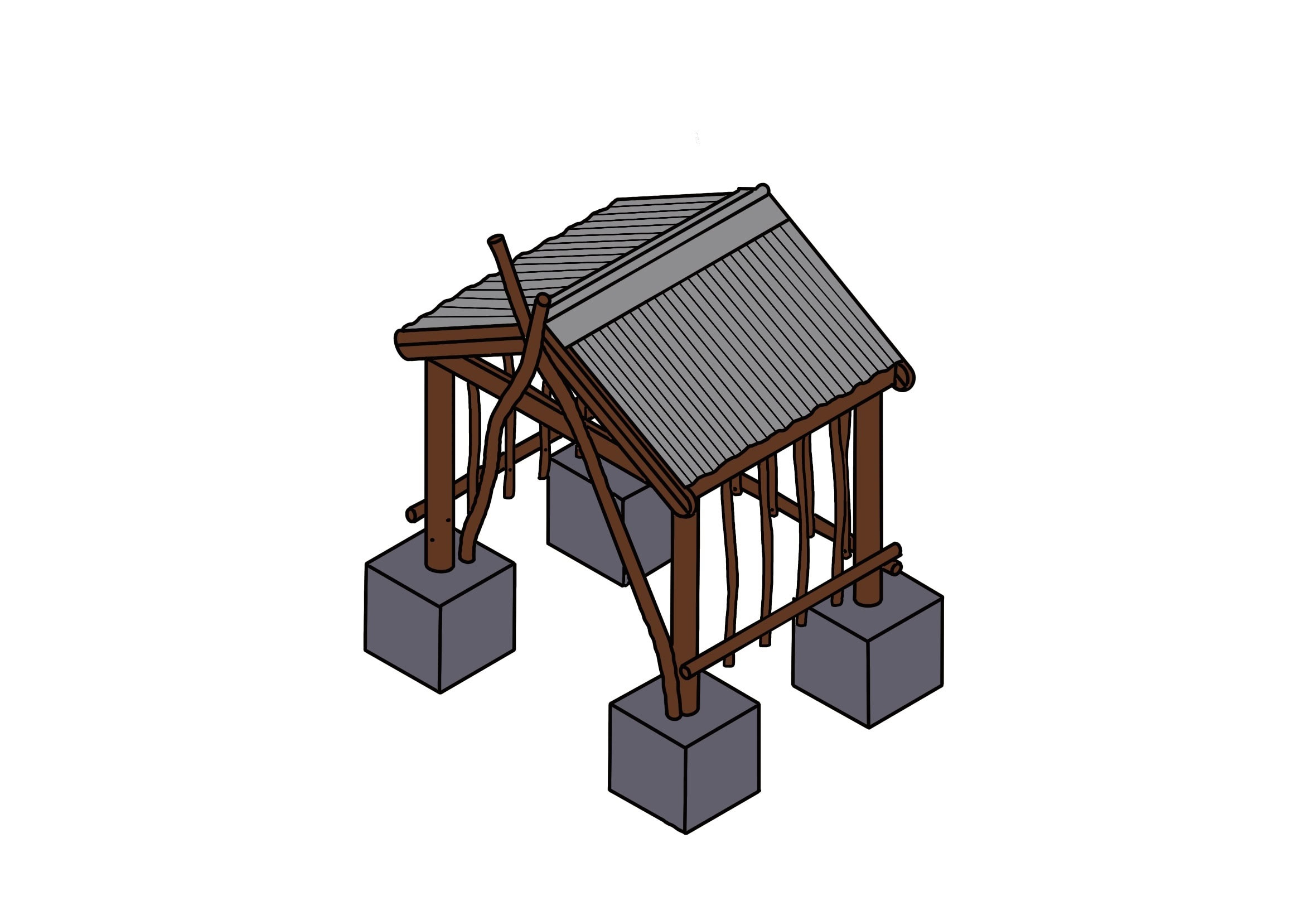 Small wooden playhouse with a sloped roof, supported by four concrete blocks, designed for children's outdoor play.