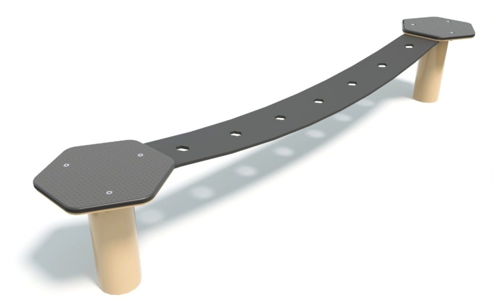 Colorful children's balance beam with hexagonal ends and wooden supports, ideal for outdoor play and physical development.