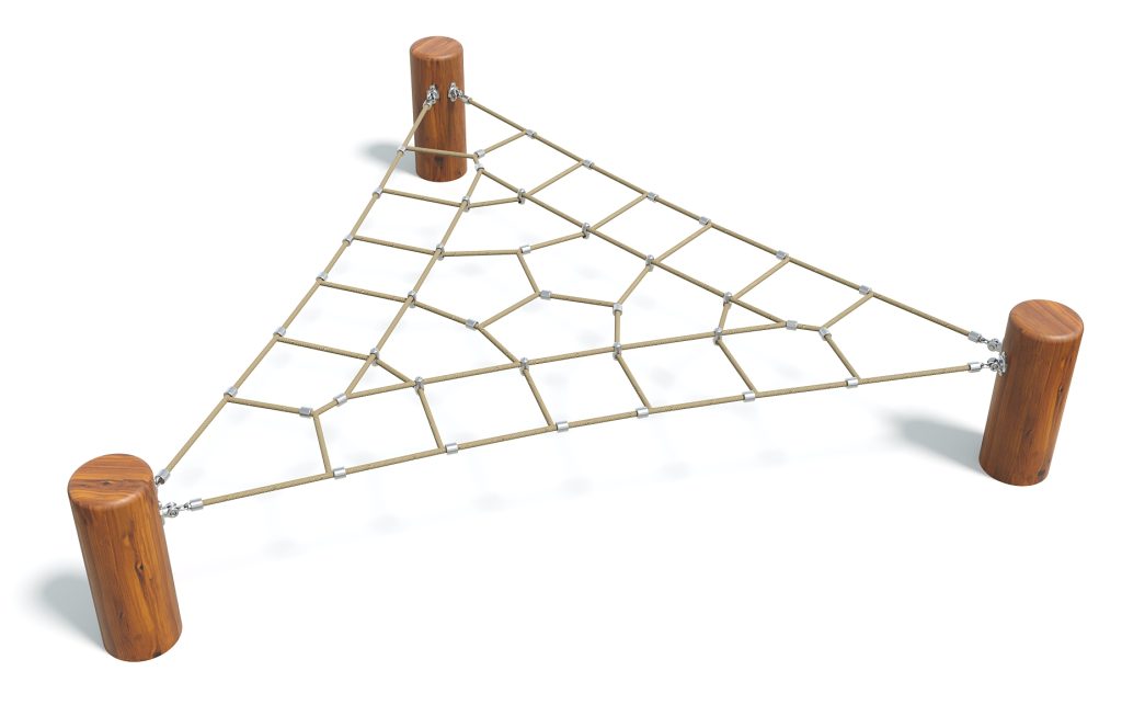 Triangular rope climbing net between timber posts