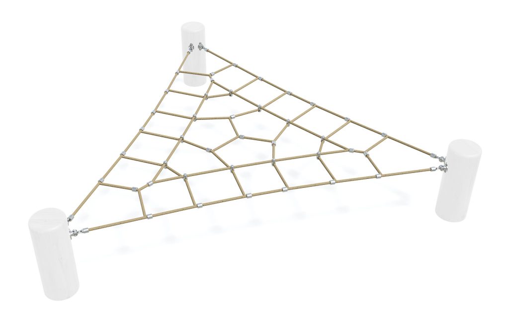 Triangular rope climbing net between posts
