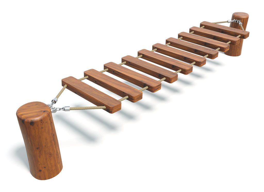 Child-friendly wooden playground bridge with sturdy logs and ropes, ideal for outdoor play areas and enhancing children's physical activity.