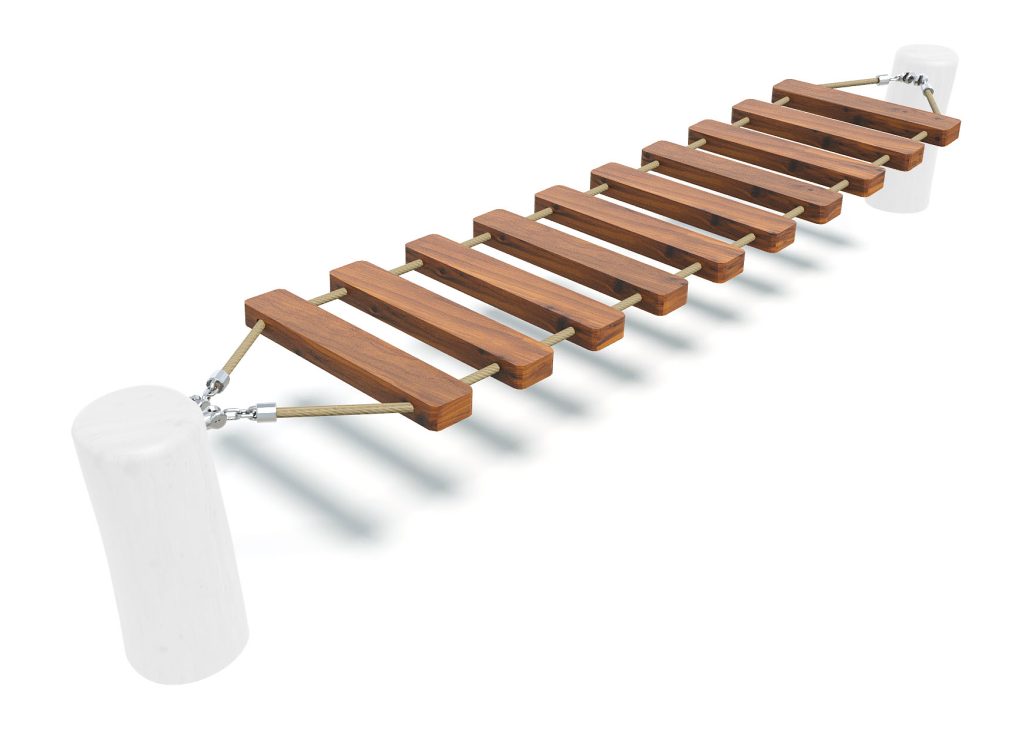 Children's wooden balance beam with foam rollers at each end, designed for outdoor play and physical activity.