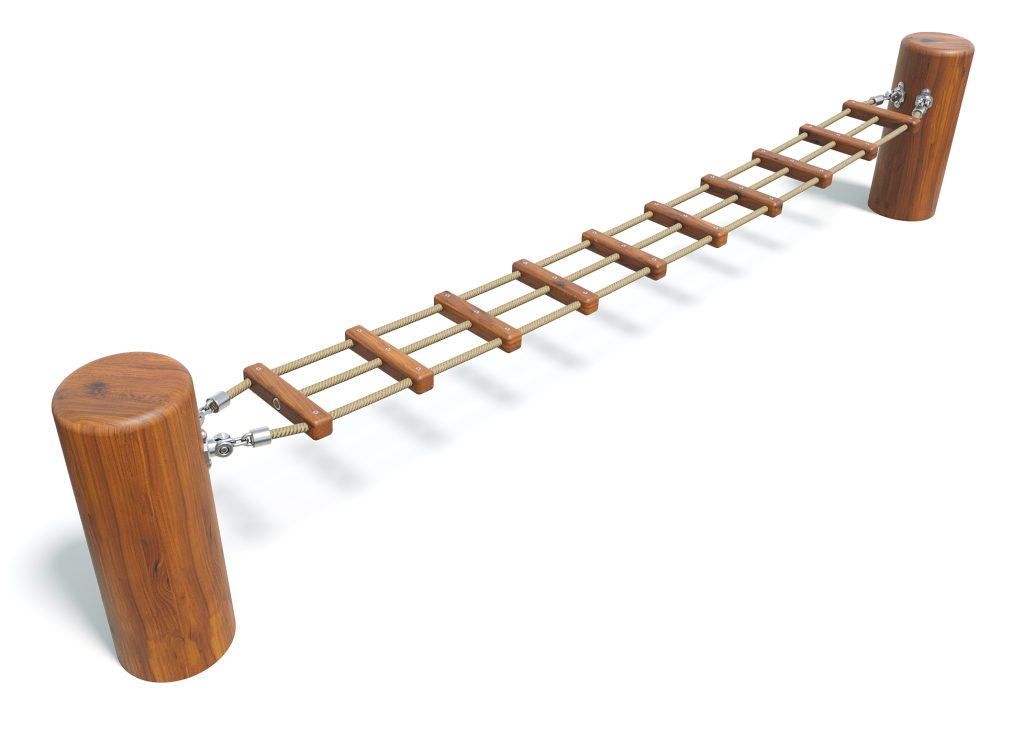 Wooden climbing bridge with cylindrical supports and ladder rungs for outdoor play and natural exploration.