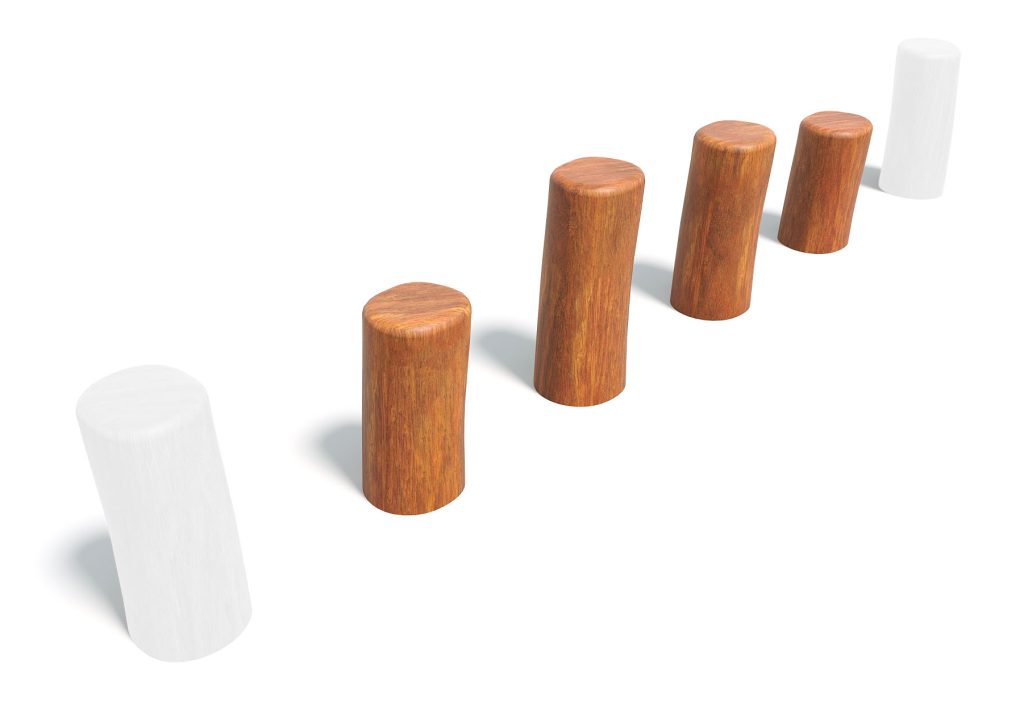 Series of wooden cylinders arranged in a diagonal line, with a mix of natural wood and white painted finishes, on a white background.