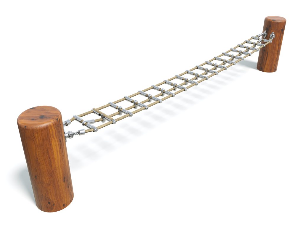 Wooden rope bridge for outdoor play, connecting two sturdy wooden posts, ideal for playgrounds and adventure parks.