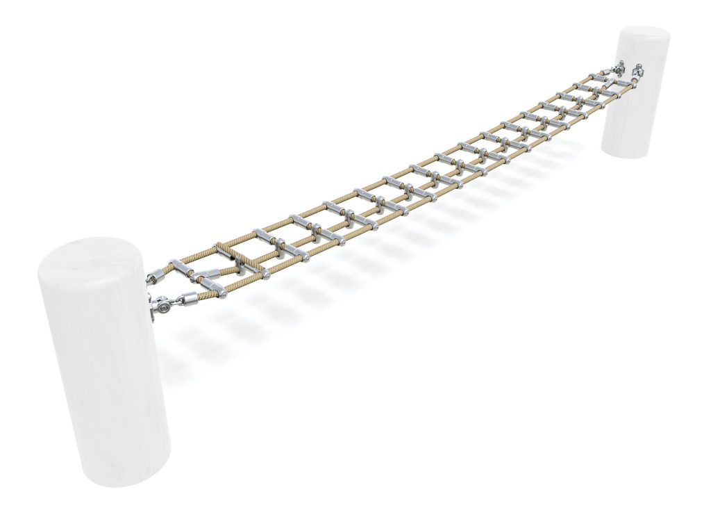 Durable outdoor rope bridge with wooden steps and sturdy white support posts, ideal for playgrounds and adventure parks.