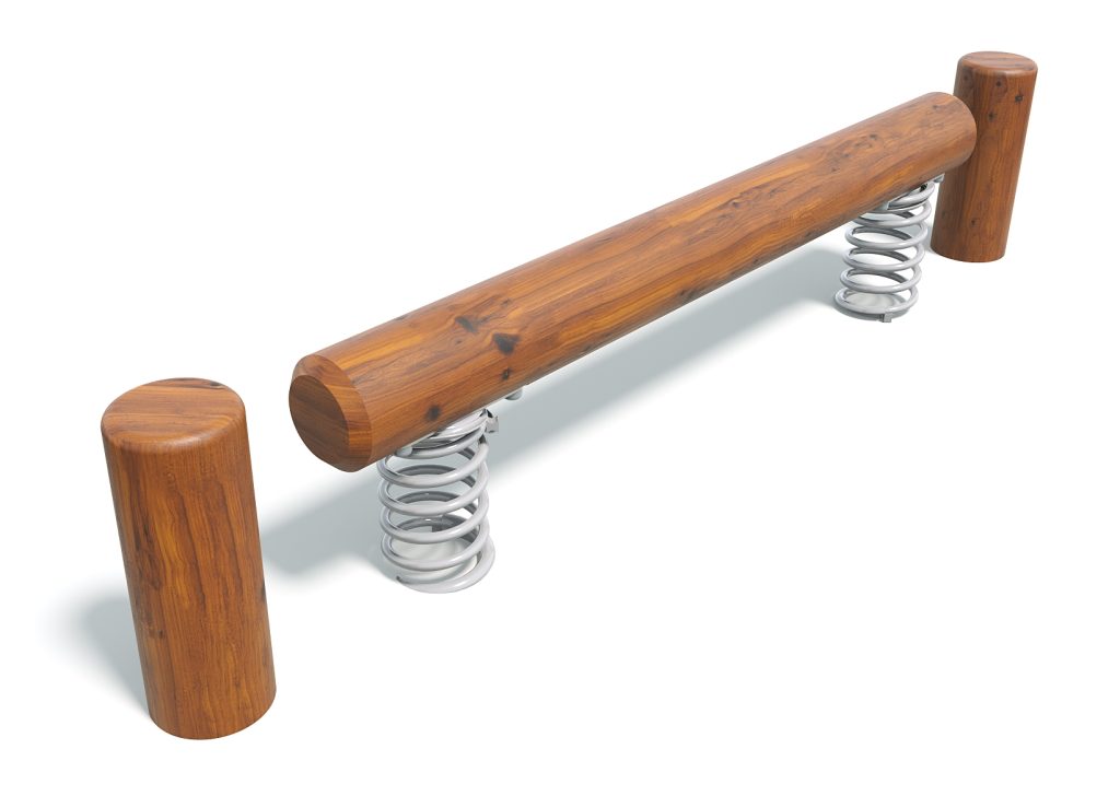 Wooden log with metal springs used as playground equipment for children, part of outdoor play area at DG Play.