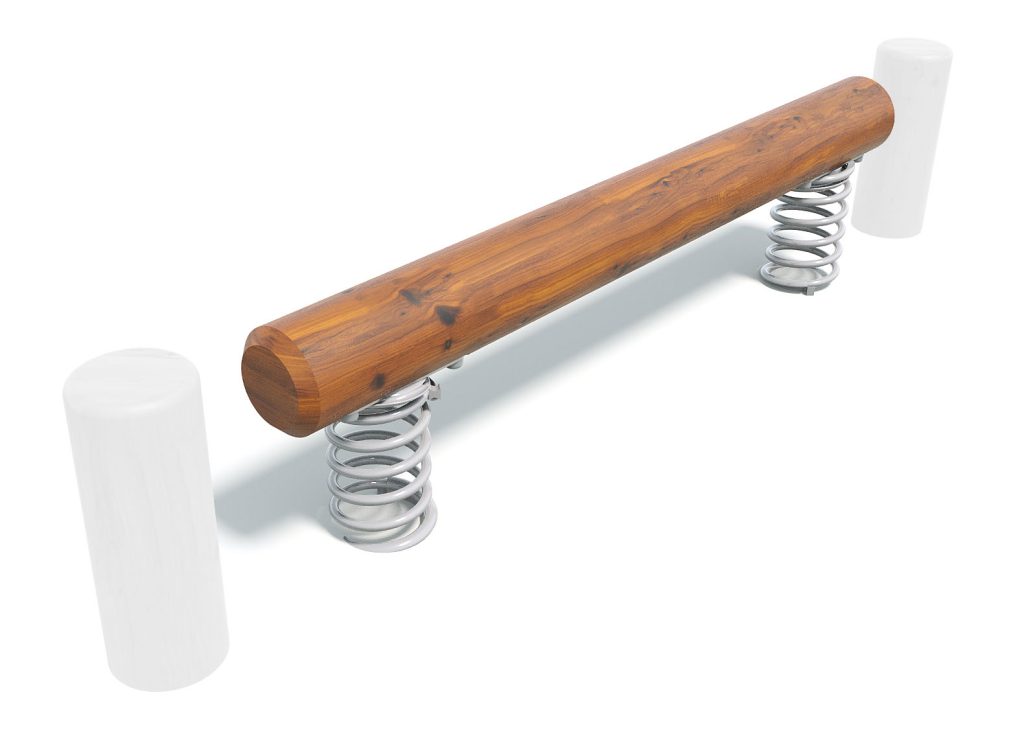 Wooden log playground equipment with metal springs and white supports, designed for children's outdoor play and physical activity.