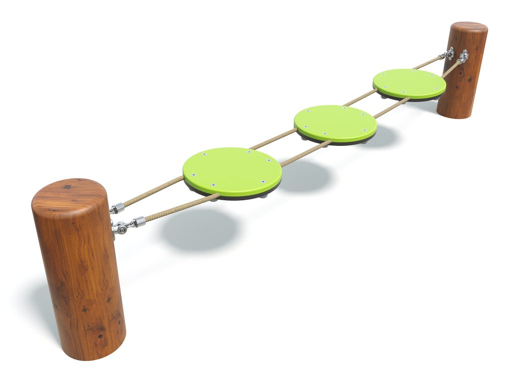 Colorful natural playground equipment with green circular stepping platforms connected by ropes between wooden posts.