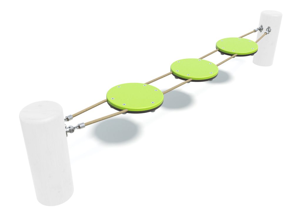 Colorful outdoor playground equipment with four green lily pad-shaped stepping platforms connected by a rope, designed for children's play and physical activity.