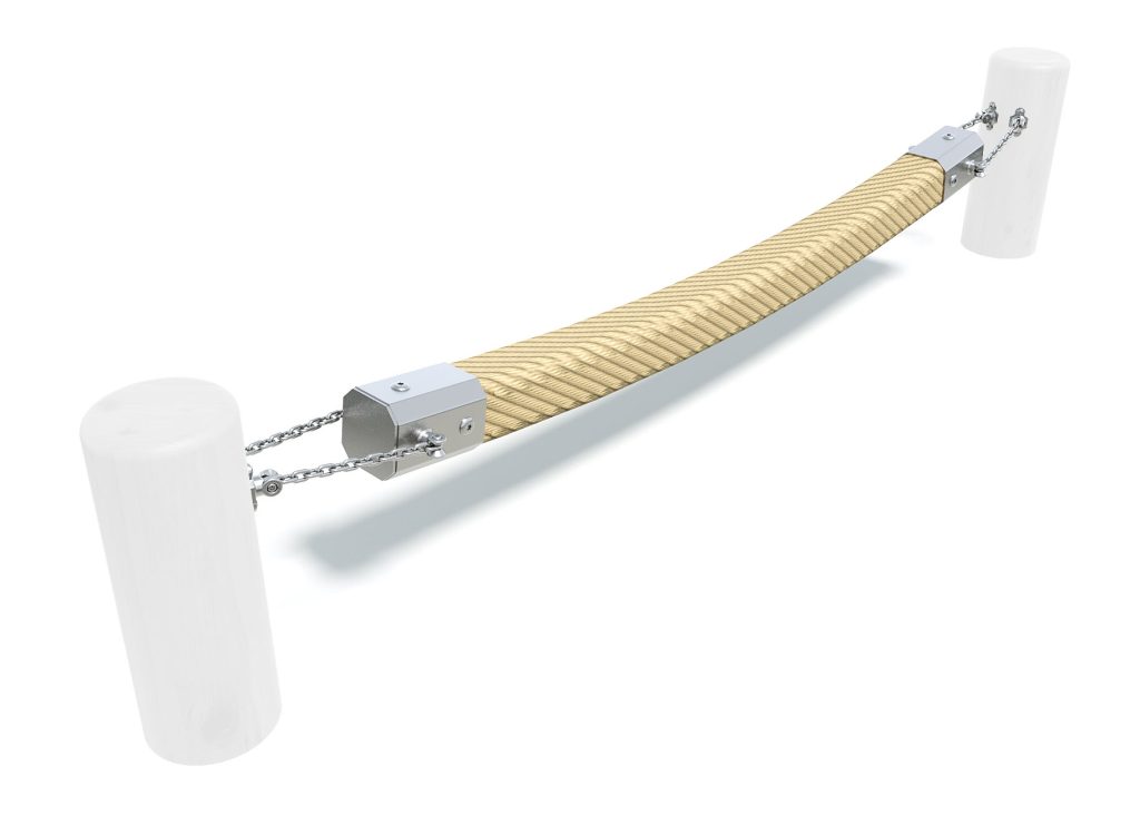 Wooden balance beam for outdoor playgrounds with white cylindrical supports and metal chains for safety.