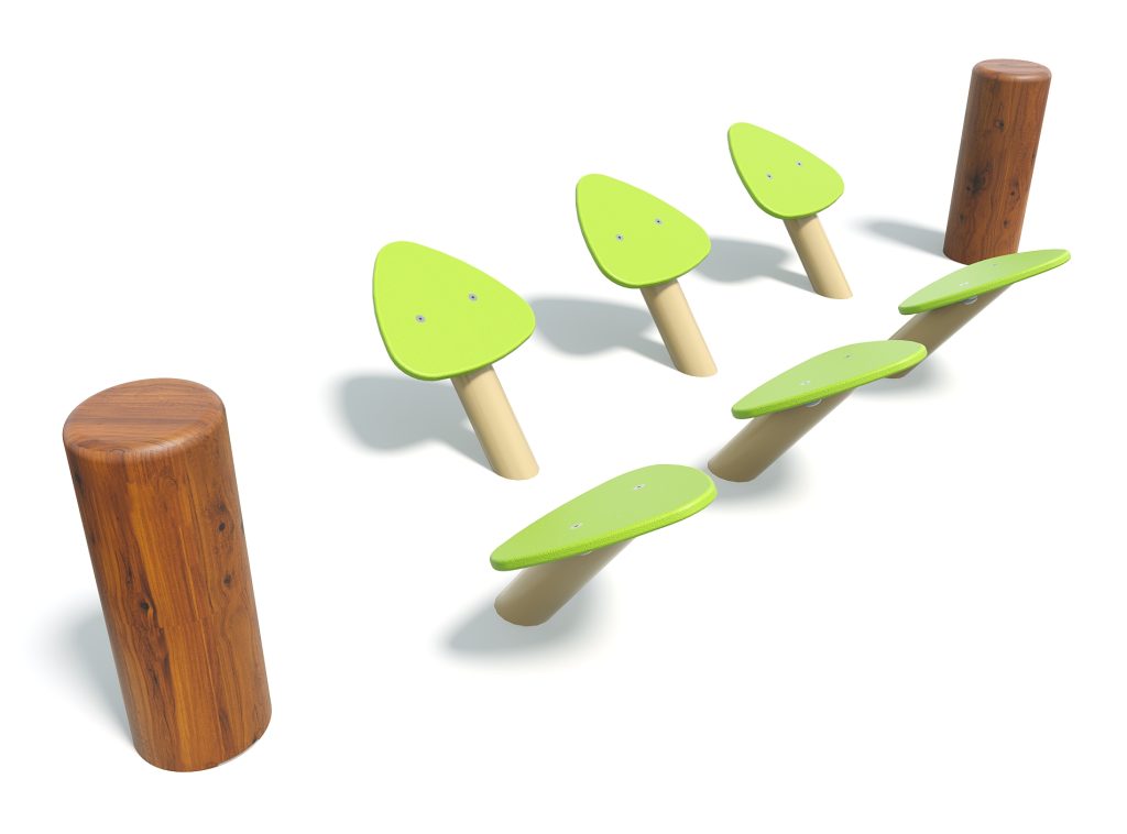 Colorful green and wooden playground stepping stones for children, part of the Natural Tri Steps series.