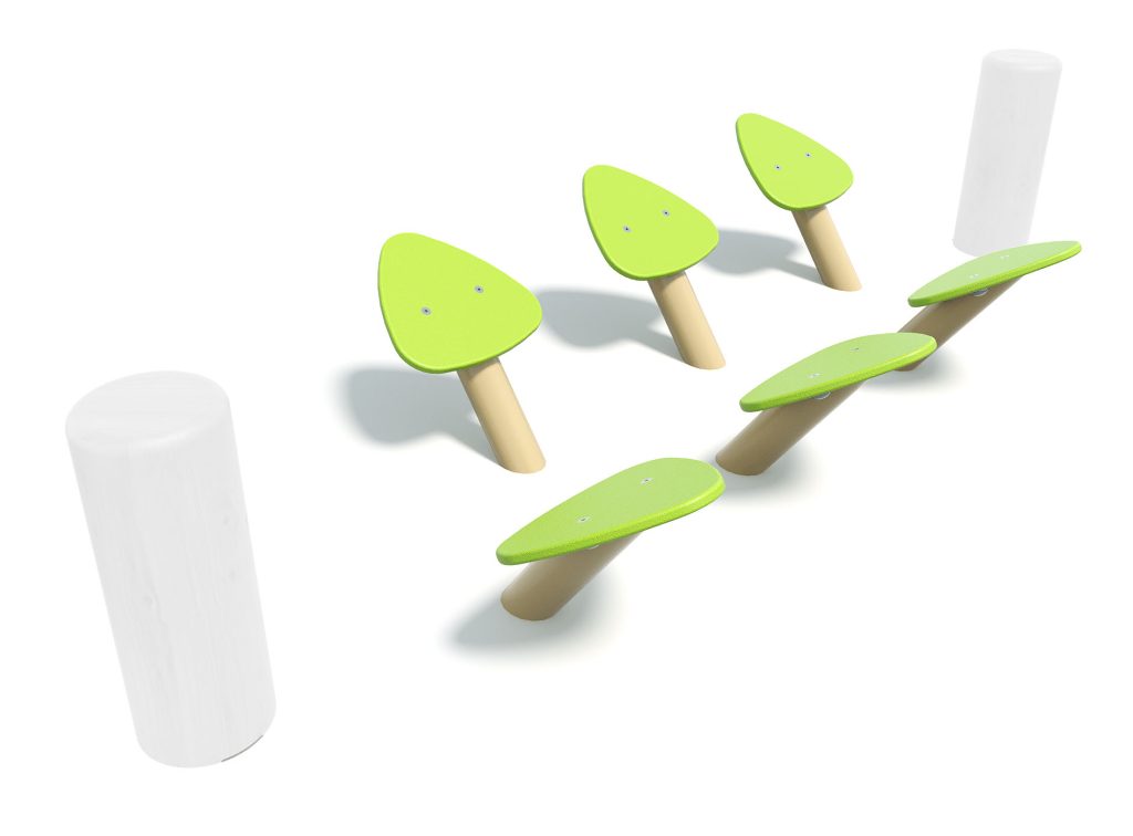 Colorful green and beige children's stepping stones and balance beams for outdoor play and coordination development.