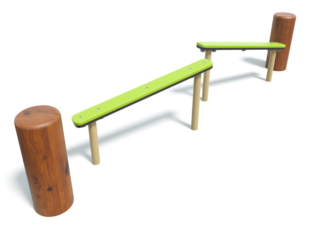 Colorful outdoor balance beam with wooden supports, designed for children's play and physical activity in a park or playground setting.