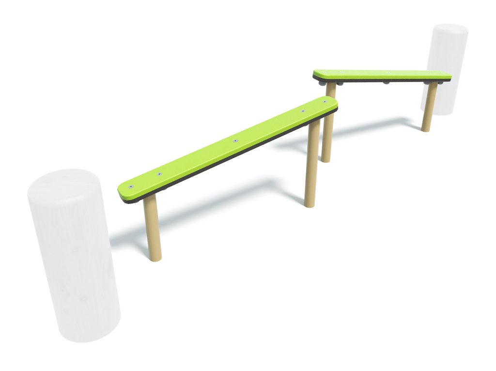 Colorful outdoor balance beam with green and blue planks supported by wooden legs, designed for children's play and physical activity.