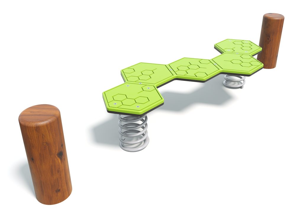Natural Hex Balance by DG Play, a green hexagonal wobble balance run on a timber post for schools and parks