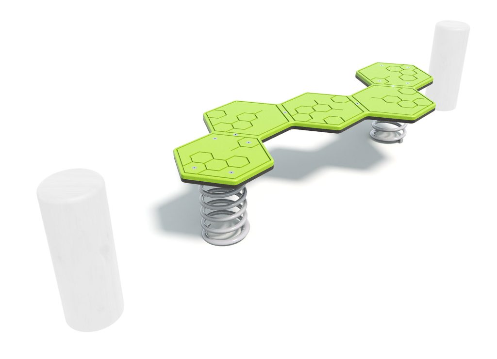 Natural Hex Balance a green hexagonal wobble balance run on a timber post shown from another angle for schools and parks