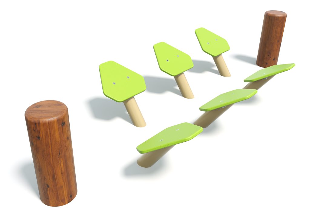 Colorful natural hex steps playground equipment with wooden logs for climbing and balancing activities.