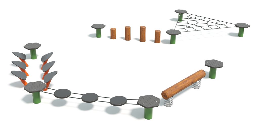 Colorful outdoor playground equipment with climbing structures, balance beams, and stepping stones for children's play and physical activity.