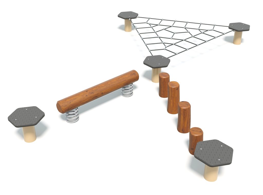 Children's outdoor playground climbing equipment with a rope net, wooden balance beam, and stepping posts for active play.